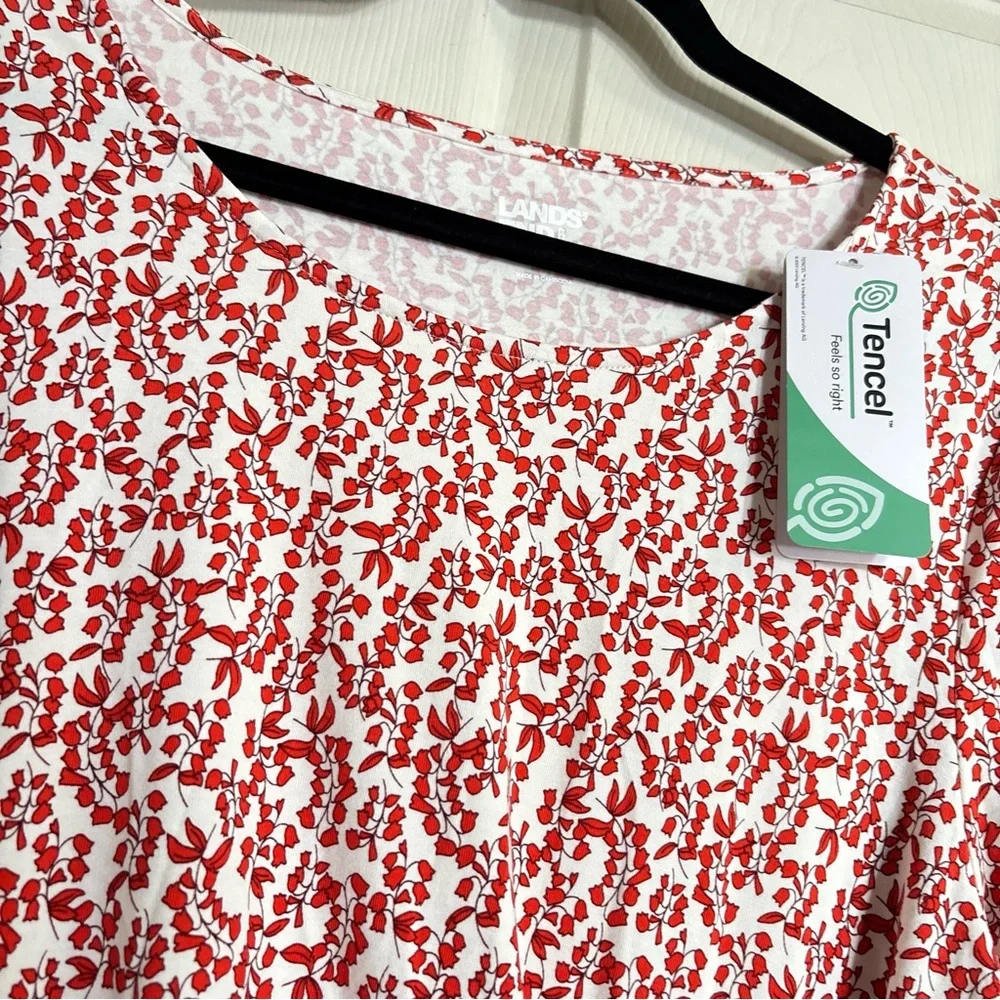 Lands End Tie Front Blouse Cotton Tencel Red White Patterned Short Sleeve Top - Picture 3 of 12